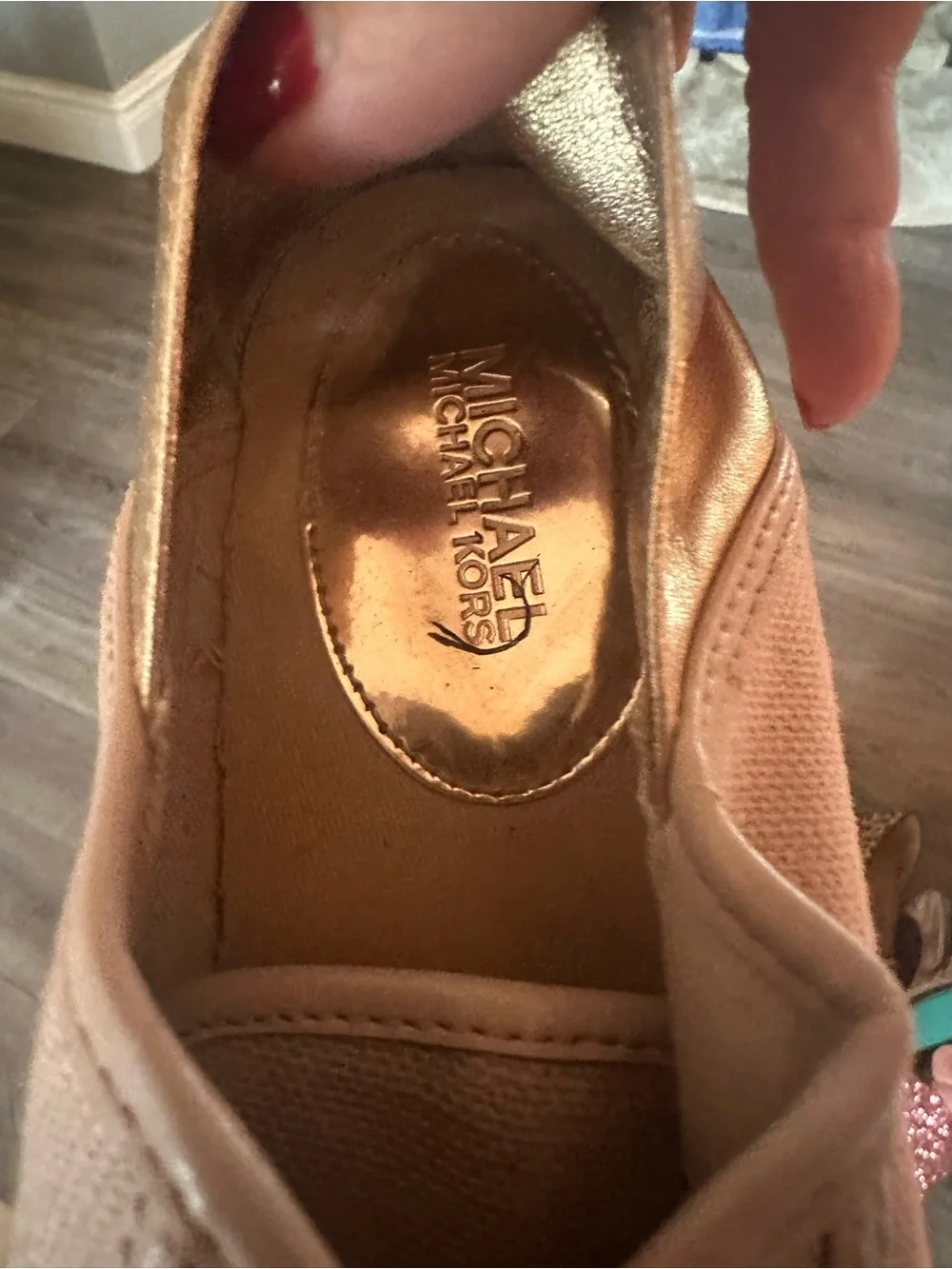 Michael Kors Blush Pink Canvas Sneakers with Gold Heel and Accents